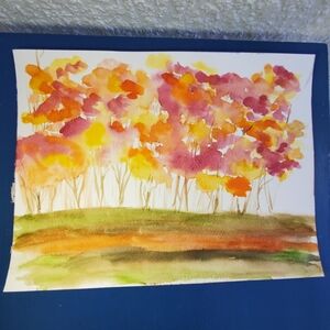 Vibrant Autumn Forest Watercolor Art.  9in X 12in